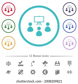 Iconos de color plano en aula en contornos de forma circular. 12 íconos adicionales incluidos.