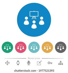Classroom flat white icons on round color backgrounds. 6 bonus icons included.