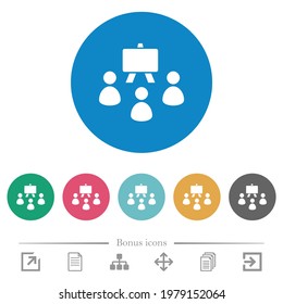 Classroom flat white icons on round color backgrounds. 6 bonus icons included.