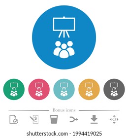 Iconos blancos planos en aula sobre fondo de color redondo. 6 iconos de bonificación incluidos.