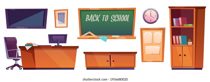 Classroom furniture, class interior stuff blackboard with inscription back to school, cupboard with textbooks, teacher desk with Pc, board with blank posters and clock on wall, Cartoon vector set