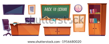 Classroom furniture, class interior stuff blackboard with inscription back to school, cupboard with textbooks, teacher desk with Pc, board with blank posters and clock on wall, Cartoon vector set
