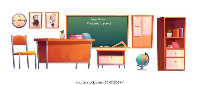 Classroom furniture with inscription Welcome to school on chalkboard. Vector cartoon set illustrations of class interior with globe, books on desk and blank poster and clock on wall isolated on white