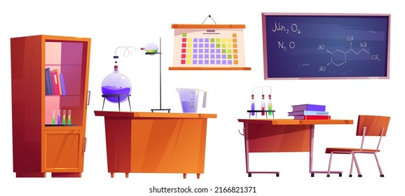 Classroom furniture set for chemistry learning in school or college. Vector cartoon isolated illustration of class interior with flasks on desk, formulas on blackboard and chemical periodic table