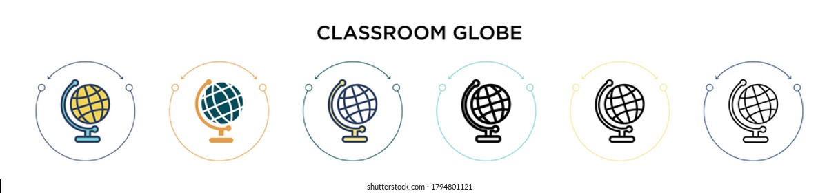 Classroom globe icon in filled, thin line, outline and stroke style. Vector illustration of two colored and black classroom globe vector icons designs can be used for mobile, ui, web