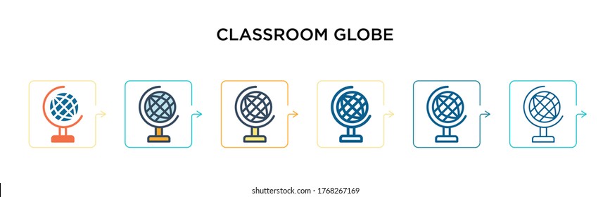 Classroom globe vector icon in 6 different modern styles. Black, two colored classroom globe icons designed in filled, outline, line and stroke style. Vector illustration can be used for web, mobile,