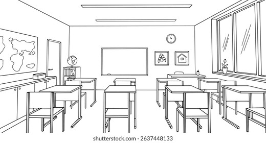 Classroom graphic black white interior sketch illustration vector 