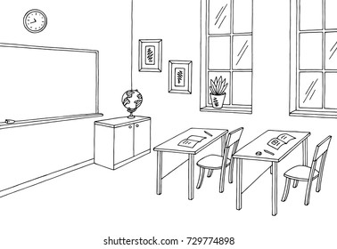 Classroom graphic black white interior sketch illustration vector