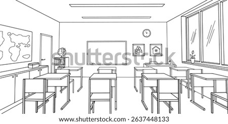 Classroom graphic black white interior sketch illustration vector 