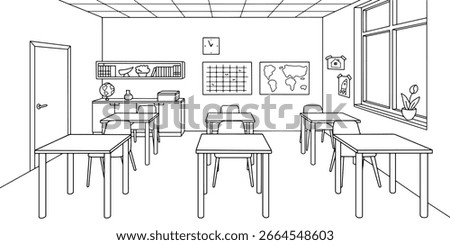 Classroom graphic black white interior sketch illustration vector 