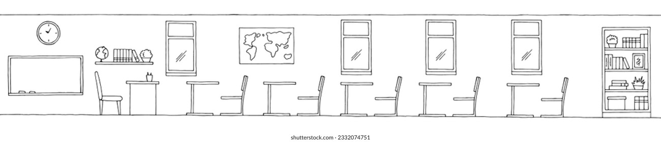 Classroom graphic black white school interior long sketch illustration vector 
