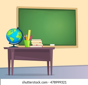 Classroom With Green Chalkboard, Teachers Desk. Vector Illustration Flat Style.