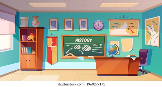 Classroom of history empty interior, school class room with teacher table, green blackboard with scheme, map and clock hanging on wall, books cupboard, studying items. Cartoon vector illustration