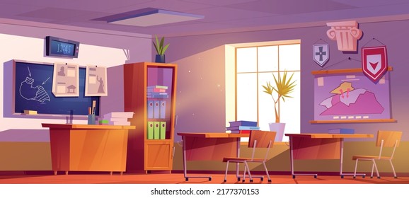 Classroom of history school class room interior with teacher table, blackboard with scheme, map and clock hanging on wall, student desk with books, cupboard, studying items Cartoon vector illustration