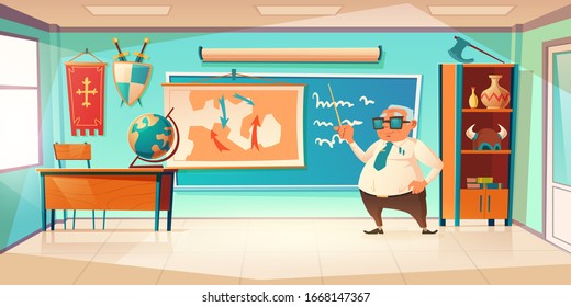 Classroom for history subject with old teacher. Vector cartoon illustration of school class interior with globe on desk, blackboard and historic map on wall