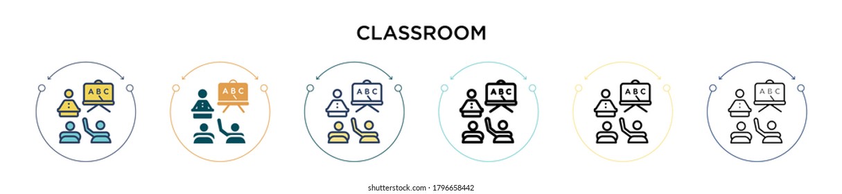 Classroom icon in filled, thin line, outline and stroke style. Vector illustration of two colored and black classroom vector icons designs can be used for mobile, ui, web