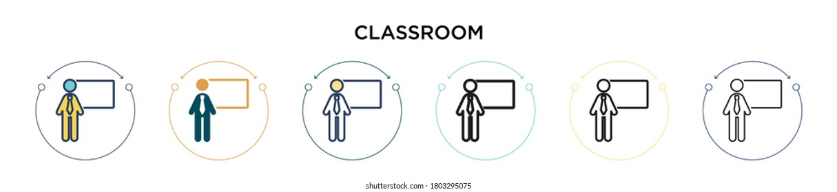 Classroom icon in filled, thin line, outline and stroke style. Vector illustration of two colored and black classroom vector icons designs can be used for mobile, ui, web