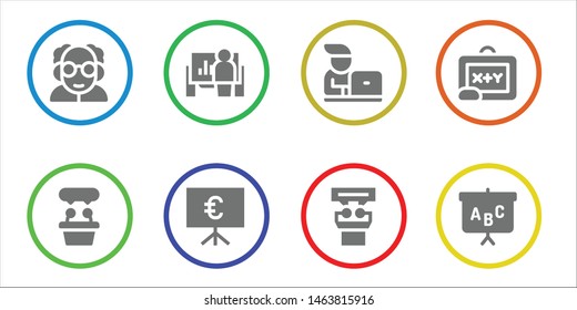 classroom icon set. 8 filled classroom icons.  Simple modern icons about  - Professor, Presentation, Student, Blackboard