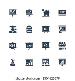 classroom icon set. Collection of 16 filled classroom icons included Presentation, Demonstration, Blackboard, Training, Student, Kindergarden