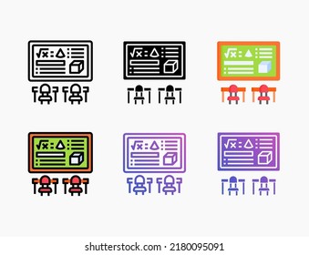 Classroom icon set with line, outline, flat, filled, glyph, color, gradient. Editable stroke and pixel perfect. Can be used for digital product, presentation, print design and more.