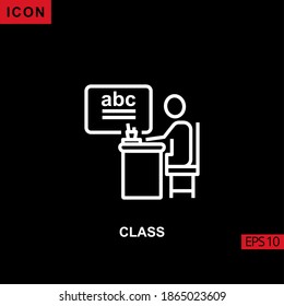 Classroom icon with table and chair people chalk board vector on black background. Illustration line, linear, outline and lineal icon for graphic, print media interfaces and web design.