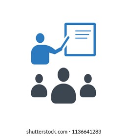 Classroom icon vector - The training icon - Teacher and learner, classroom, presentation, lesson, education symbol - vector blue