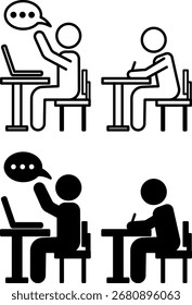 Ícones da sala de aula. Ilustrações de vetor em preto e branco. Crianças em idade escolar sentadas em mesas de aula. Um estudante com um laptop levanta a mão e fala, escreve um estudante. Conceito de Professor e Educação