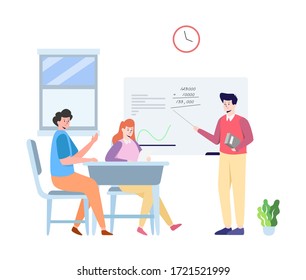 Classroom Illustration with Math Teacher teaching Students as Concept. This illustration can be use for website, landing page, web, app, and banner.