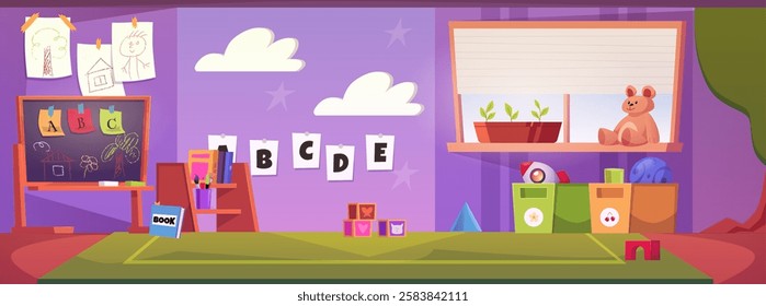 Classroom interior with arranged toys, chalk board, window and bookshelf. Vector horizontal banner with clean kids room for education and play. Flat cartoon style.