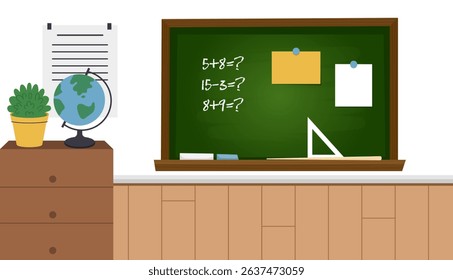 Classroom interior background vector illustration. School blackboard with math problems, globe, plant, and wooden furniture. Education learning, study academic concept
