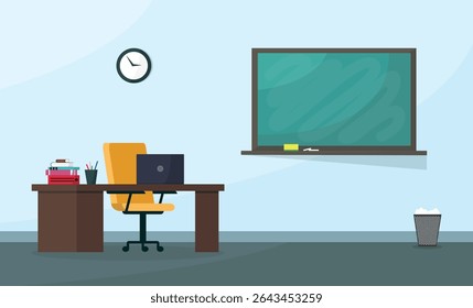 Classroom interior with a blackboard and a teacher's desk. Classroom for pupils or students.