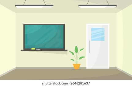 Classroom interior with a board and a plant. Interior without furniture. School, university.