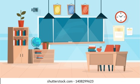 Classroom Interior. Chalkboard And Teacher Desk With Chair. Elementary School Or College Space Design. Empty Room, Blank Space On The Board. Vector Illustration In Cartoon Style