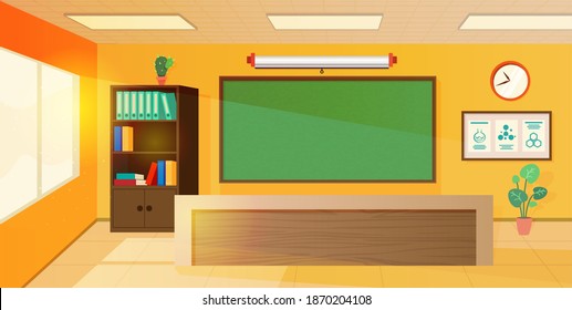 Classroom interior design background. Education in school vector illustration. Modern room with green blackboard, screen, bookcase with books and binders, desk, board with information, windows.