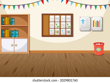 Classroom interior design with furniture and decoration illustration