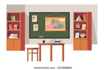 Classroom interior design, isolated furniture composition of university or school. Blackboard with maps and books, cards and information for students and pupils, tables. Vector in flat style