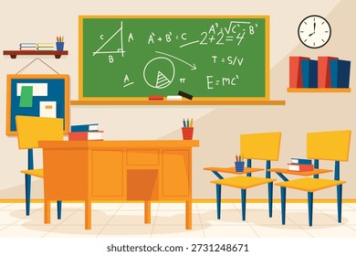 Diseño interior del aula con el escritorio del profesor, las sillas del estudiante, la pizarra verde y los estantes