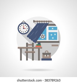 Klassenraum mit Schreibtisch und Stuhl, offenem Fenster mit blauen Vorhängen und Wanduhr. Schulthema. Einzelnes detailliertes flaches Farbstil-Vektorsymbol. Web-Design-Elemente für Unternehmen, Website, mobile App. 