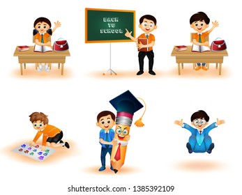 Elemento interior de aula con caricatura de estudiantes.