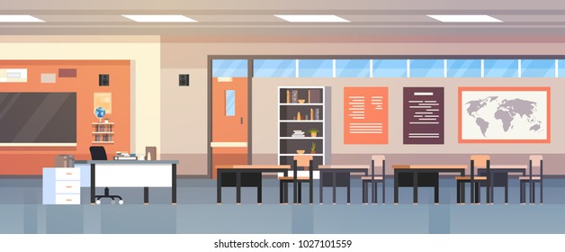 Classroom Interior Empty Modern School Class With Chalk Board And Desks Flat Vector Illustration