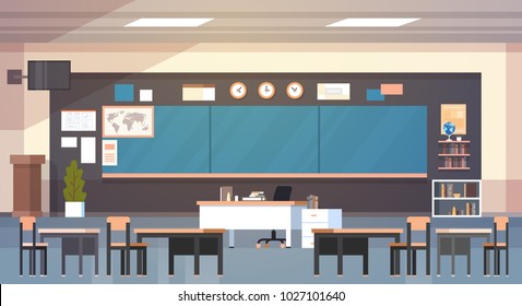 Classroom Interior Empty School Class With Board And Desks Flat Vector Illustration