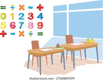 Classroom interior illustration with student desks, chairs, window, and large colorful math numbers and symbols on the wall