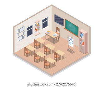 Classroom interior isometric. Modern room interior. Pupils desks and chalkboard. Education and learning. School, college, or university. Volumetric vector illustration