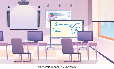 Classroom interior landing page in flat cartoon style. Room with desktops, chairs, computers, presentation board, display with diagram. Online school, e-learning. Vector illustration of web background