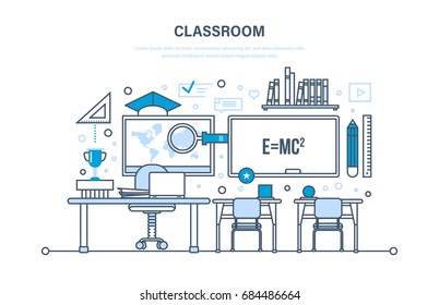 Classroom, Interior Of Room, Modern System Of Education, Training, Learning, Workplace, Knowledge, Teaching, Skills. Illustration Thin Line Design Of Vector Doodles