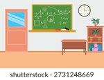 Classroom interior with school door, green chalkboard, wall clock and backpack storage shelf