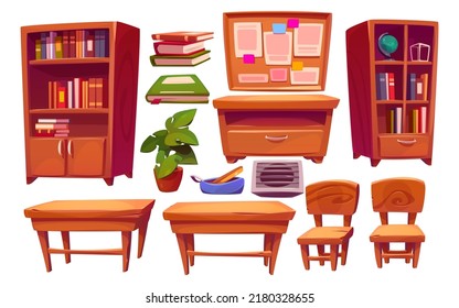 Classroom interior set, school or college class furniture, student desks and chairs, schedule board hanging and books in cupboard, objects of room for studying, Cartoon vector isolated illustration