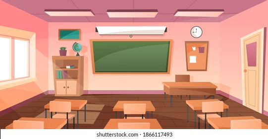 Classroom interior for study. Empty school classroom room interior blackboard desk. Educational concept, school or college classroom. Pupils and teacher in the class. Vector illustration