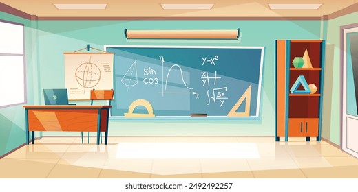 Classroom interior, classroom with teacher's table, students desks, blackboard with geometric tasks and rulers, cupboard with textbooks, study posters, vector illustration