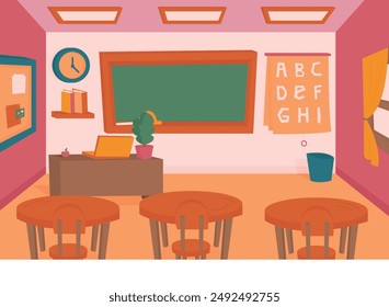 Classroom interior, classroom with teacher's table, students desks, blackboard with geometric tasks and rulers, cupboard with textbooks, study posters, vector illustration